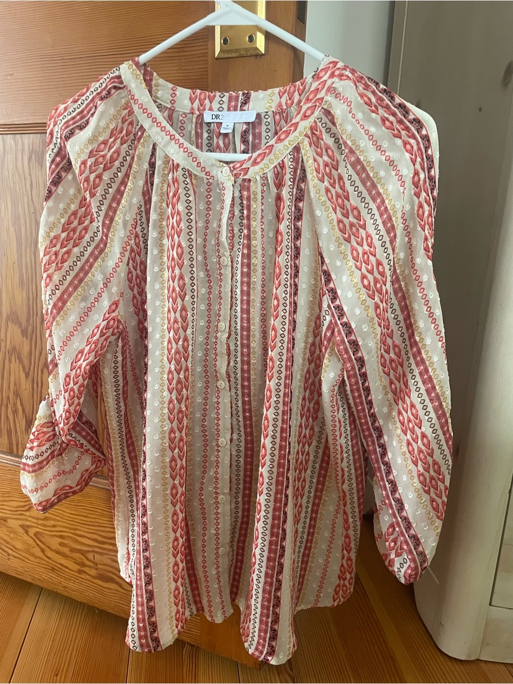 DR2 Cream and Pink Striped Boho Peasant Top